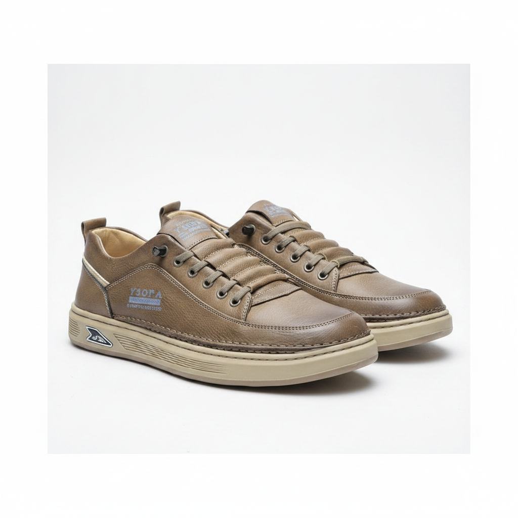 Men's khaki washed leather lace-up casual sneakers pair product shot