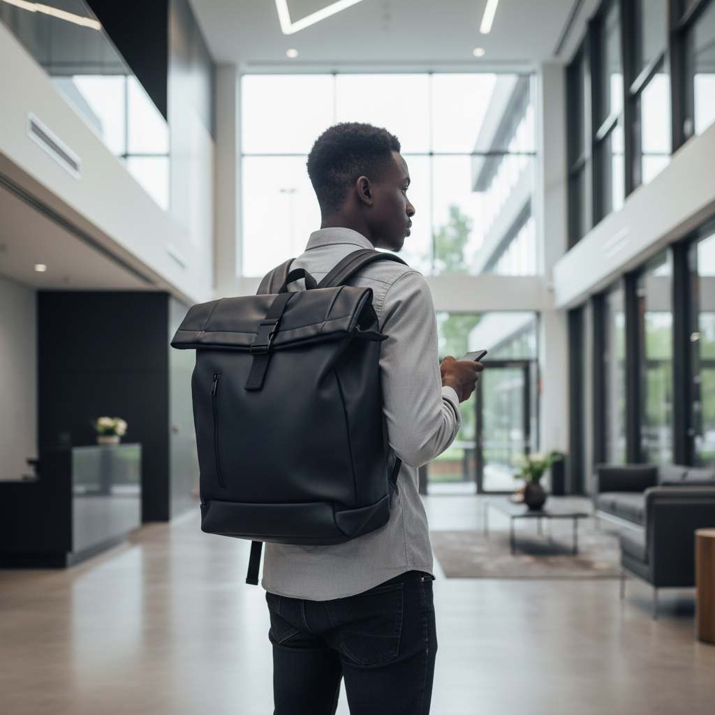 Sobar Dark Navy PU Leather Roll-Top Backpack – Lifestyle Shot