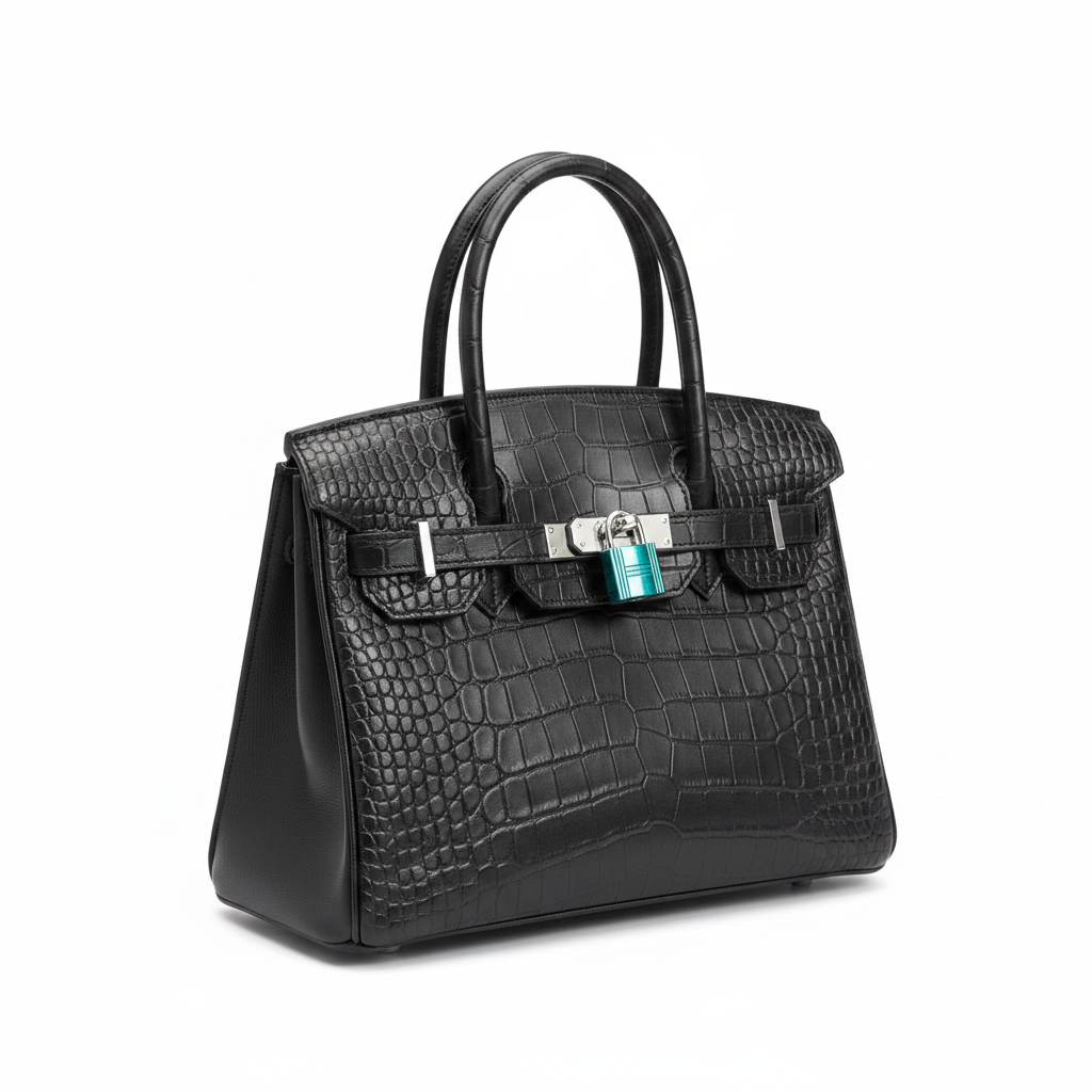 Ghost mannequin view of black croc-embossed structured tote bag with silver hardware