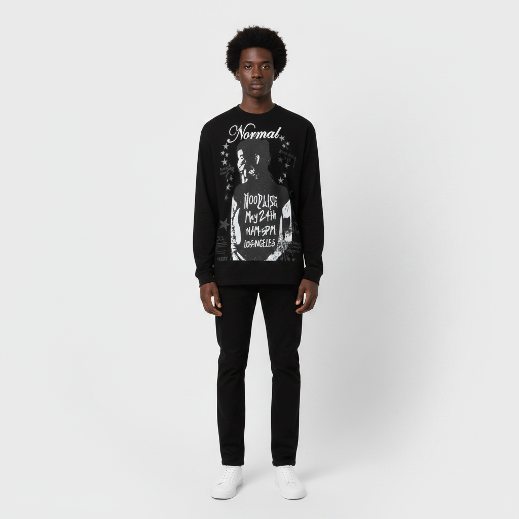 Man wearing the black poster print long sleeve tee