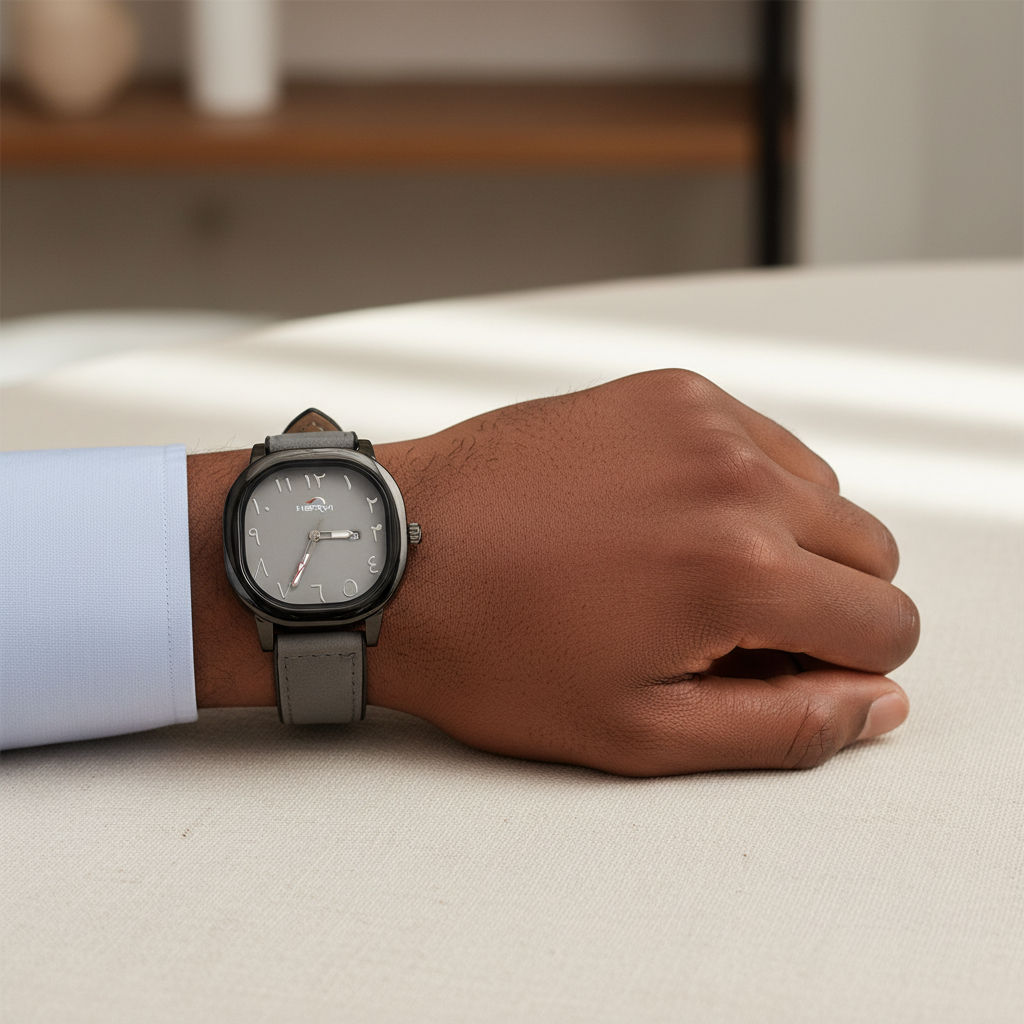 Grey dial watch with black case and grey leather strap worn on a Black man’s wrist