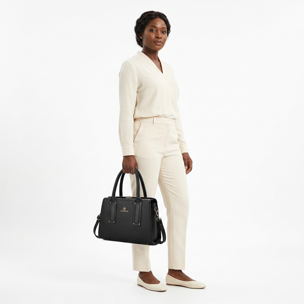 Woman in cream outfit carrying one black textured twin-handle handbag
