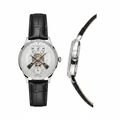 Men's white guilloche silver skeleton watch – front and side ghost mannequin view
