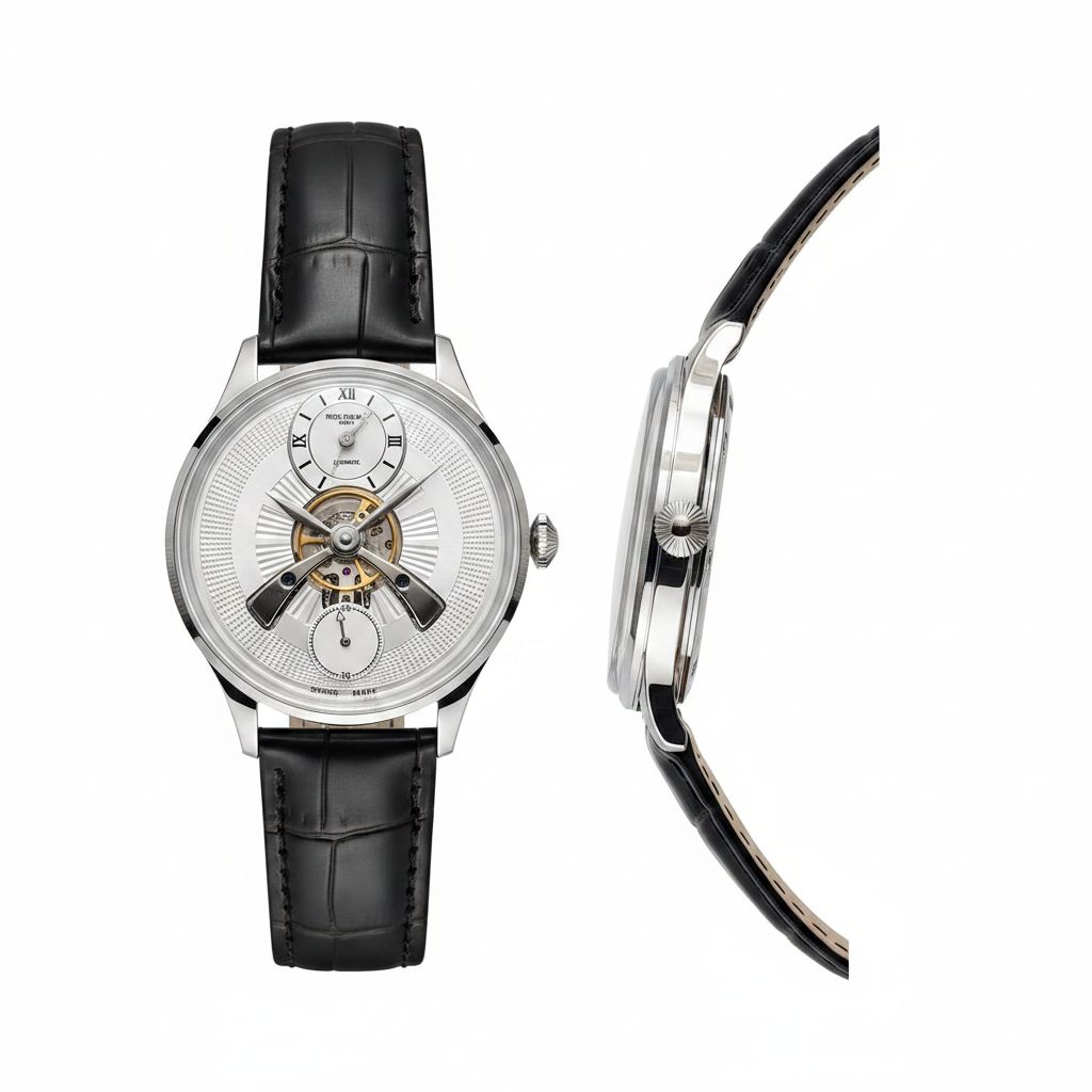 Men's white guilloche silver skeleton watch – front and side ghost mannequin view