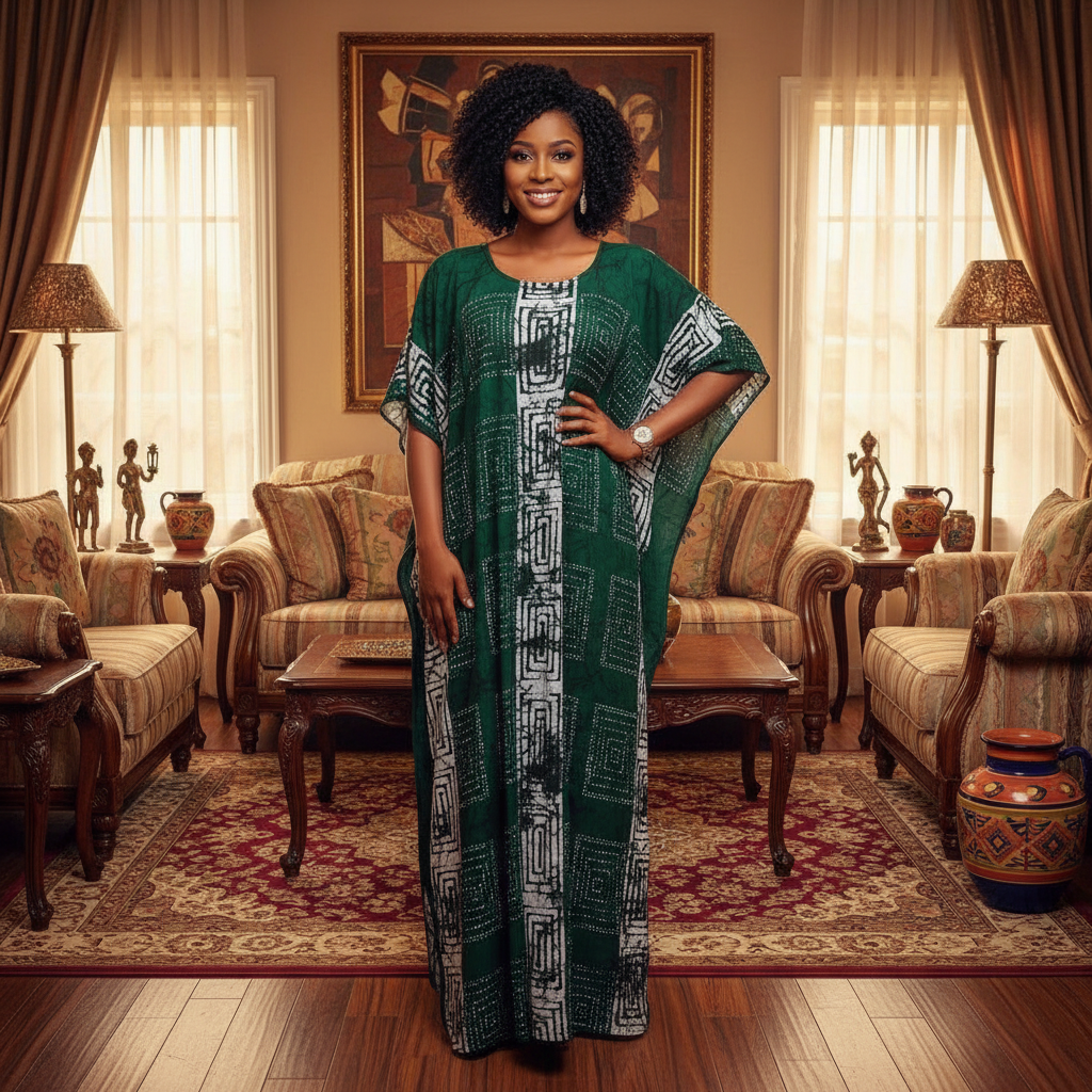 Model shot – Bose Ventures Forest Green Geometric Print Boubou Kaftan