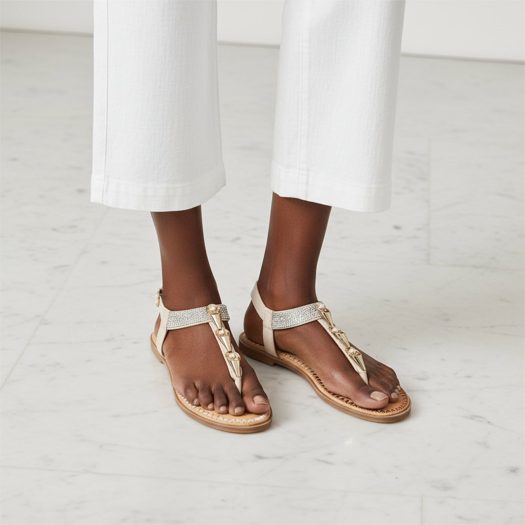 Women's Rhinestone T-Strap Flat Thong Sandal - Beige Model Editorial Leg Zoom