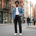 Young Nigerian male model wearing black straight-leg jeans