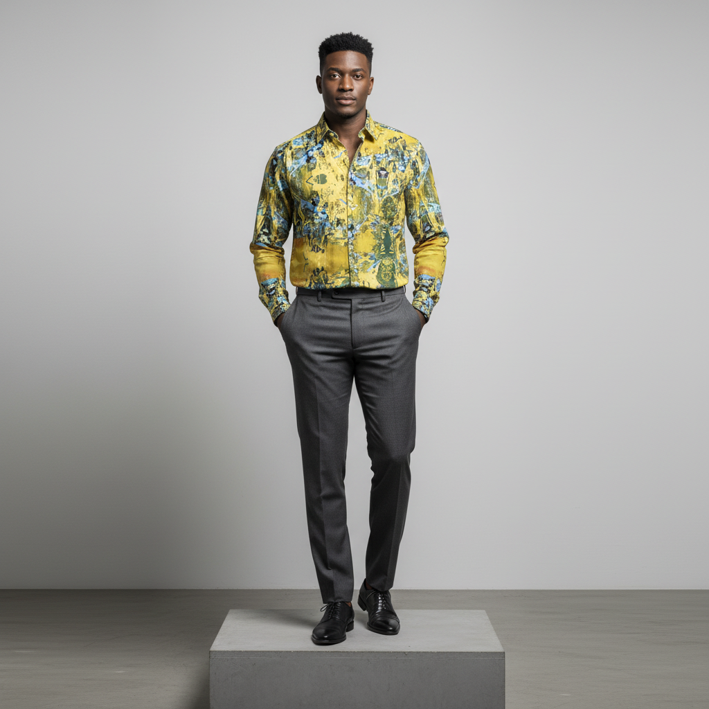 Nigerian male model wearing yellow abstract print long-sleeved shirt, front view