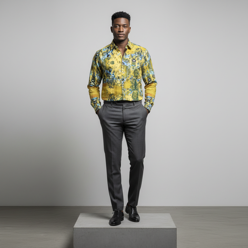 Nigerian male model wearing yellow abstract print long-sleeved shirt, front view