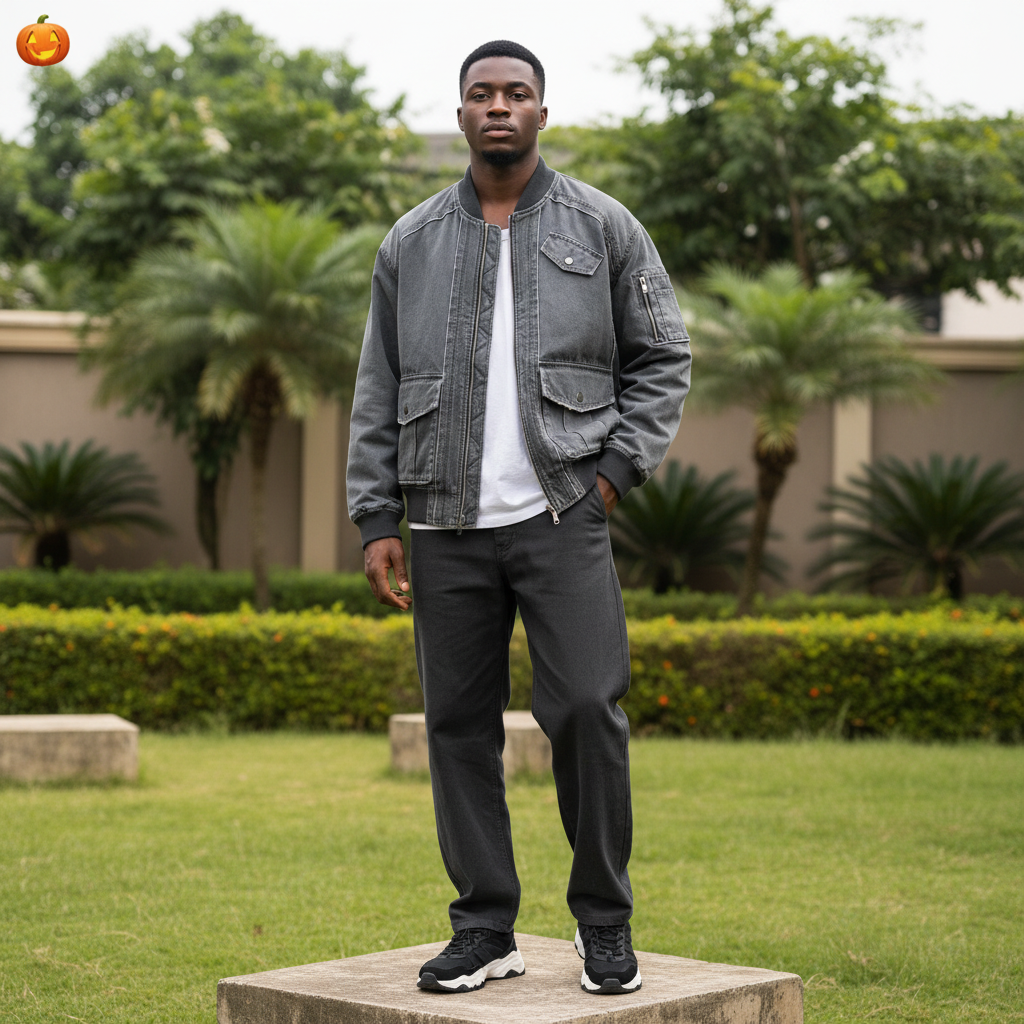 Men's Washed Grey Denim Cargo Bomber Jacket – Nigerian Male Model