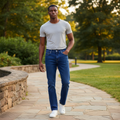 Nigerian model wearing Royal Blue Contrast Panel Straight Jeans