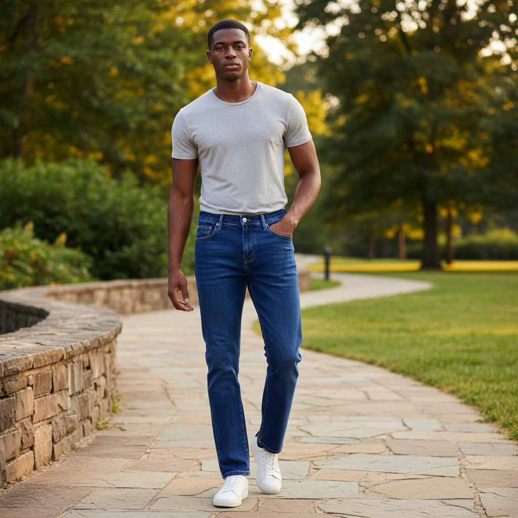 Nigerian model wearing Royal Blue Contrast Panel Straight Jeans