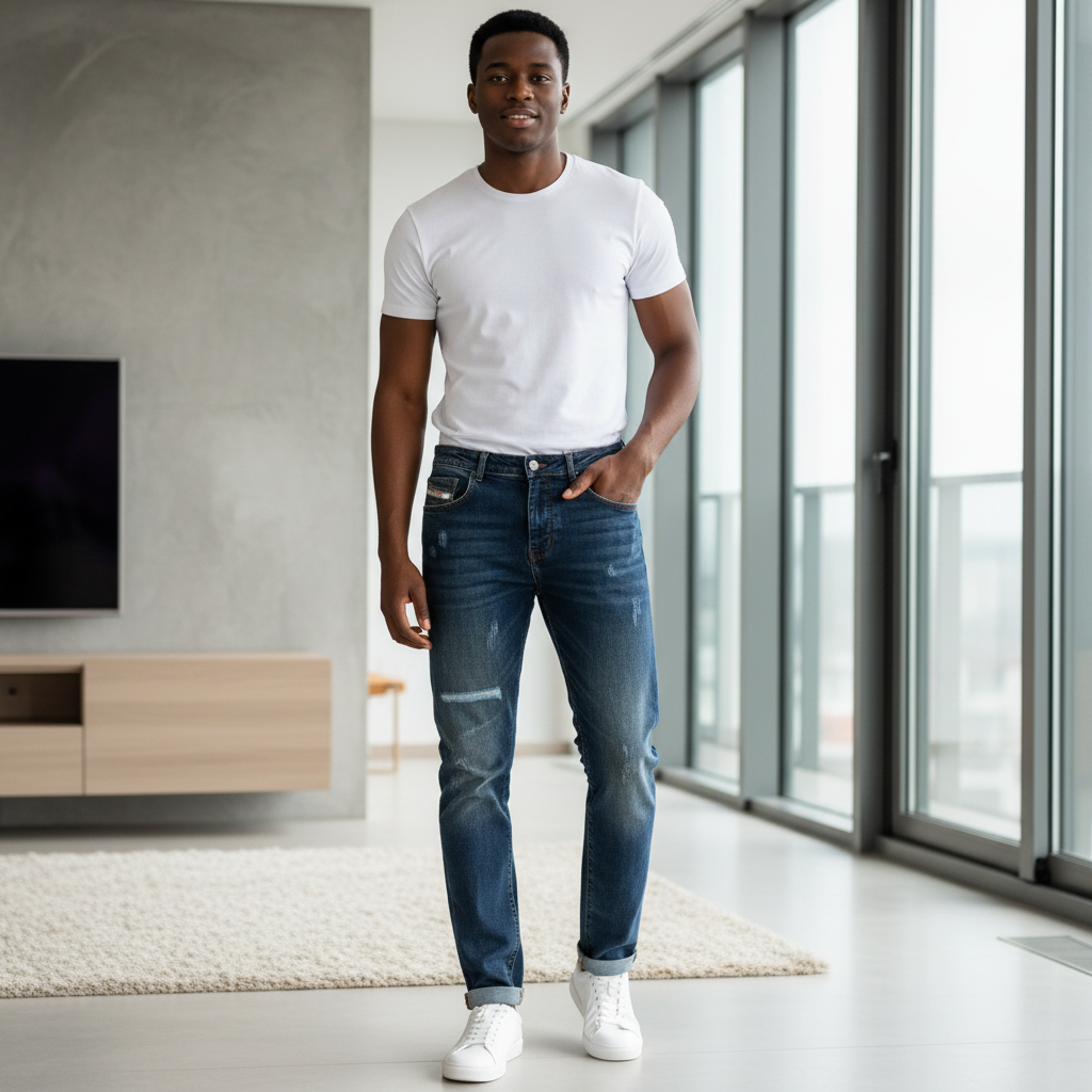 Model shot – Emmanuel Store Diesel Dark Blue Straight-Fit Distressed Jeans