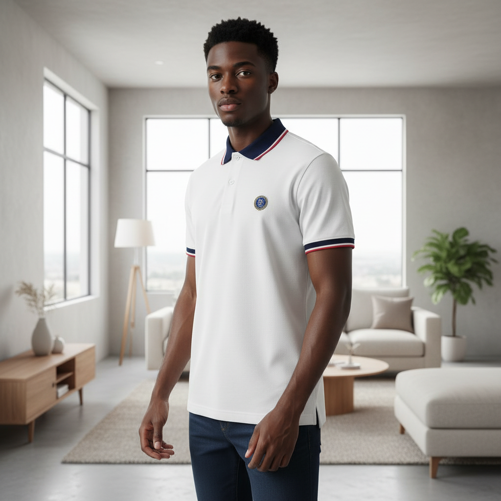 Young Nigerian male model wearing white navy-tipped polo shirt, three-quarter pose