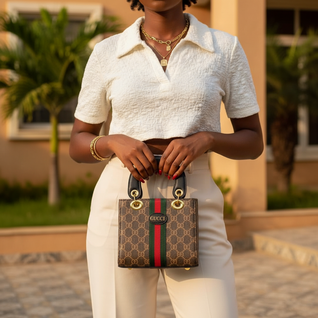 Women's Brown Monogram Mini Tote Bag – Nigerian Model Hand Shot