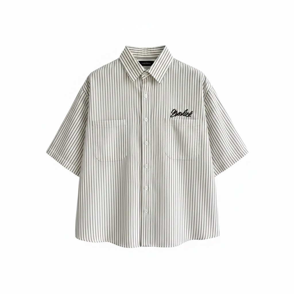 Men's white pinstripe boxy short-sleeve shirt with dual chest pockets and cursive script embroidery, ghost mannequin front view