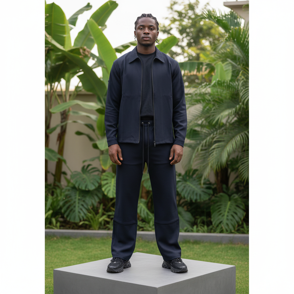 Nigerian male model wearing dark navy blue zip utility shirt and drawstring trousers co-ord set, garden setting
