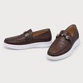 Dark brown embossed slip-on loafers with gold-tone vamp hardware