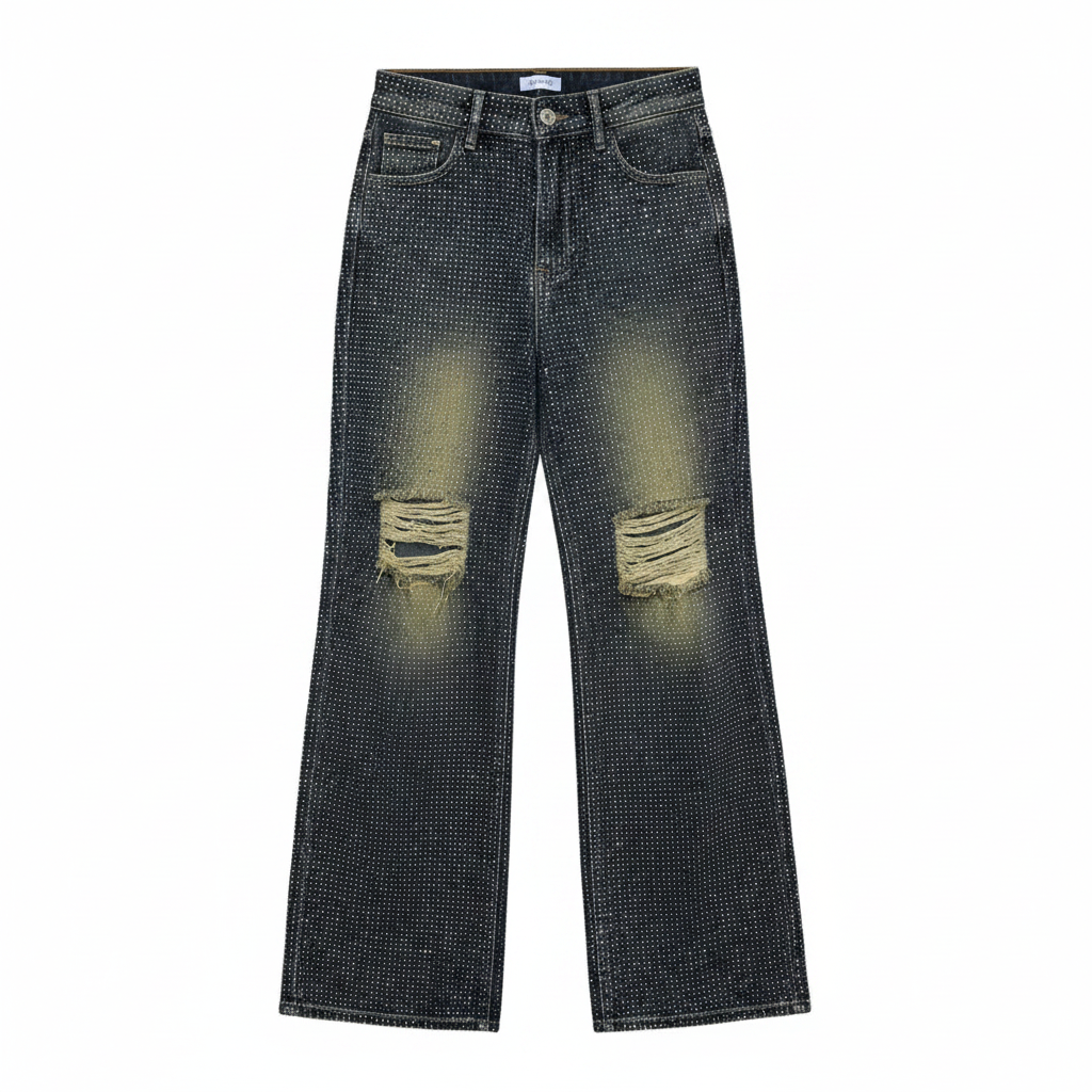 Dark Wash Rhinestone Ripped Wide-Leg Jeans – Ghost Mannequin Front