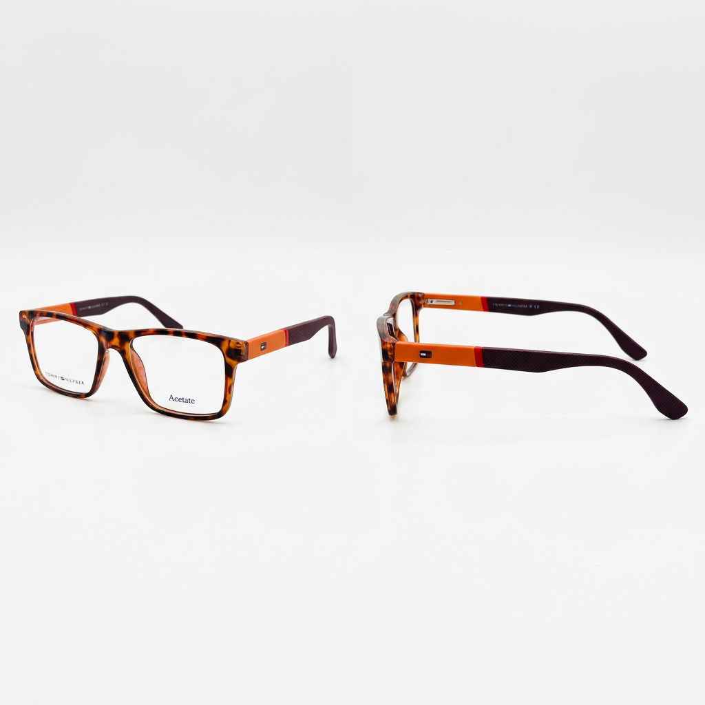 Brown tortoiseshell rectangular eyeglasses with orange temple sections and burgundy arms, front and side views