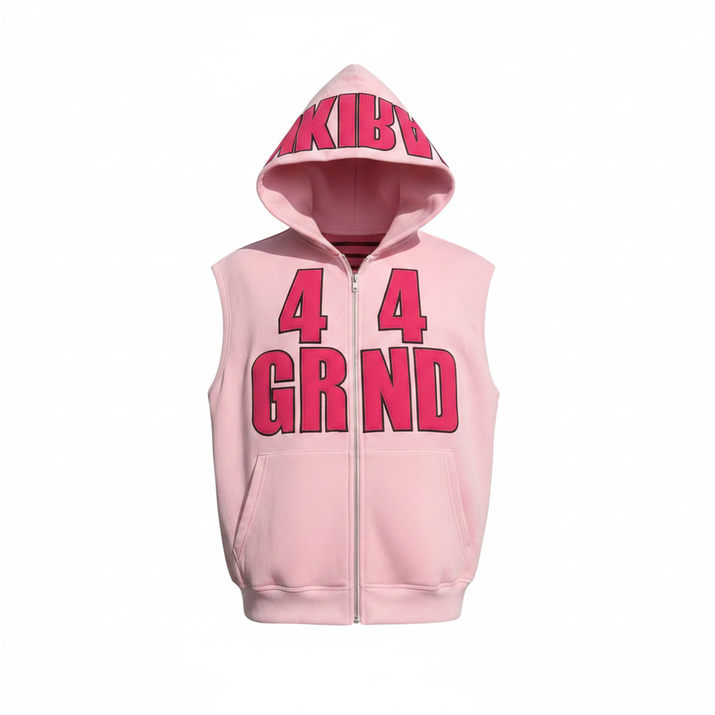 Men's Pink Sleeveless Graphic Hoodie – Ghost Mannequin Front View
