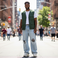 Nigerian model wearing Light Blue Washed Ultra-Wide-Leg Heavily Distressed Shredded Knee Rip Jeans