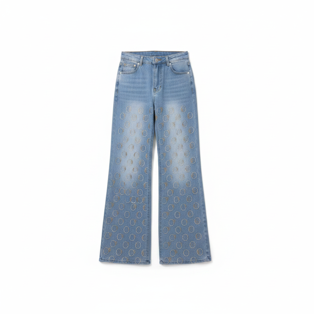 Women's light blue rhinestone circle wide-leg flare jeans — ghost mannequin front view