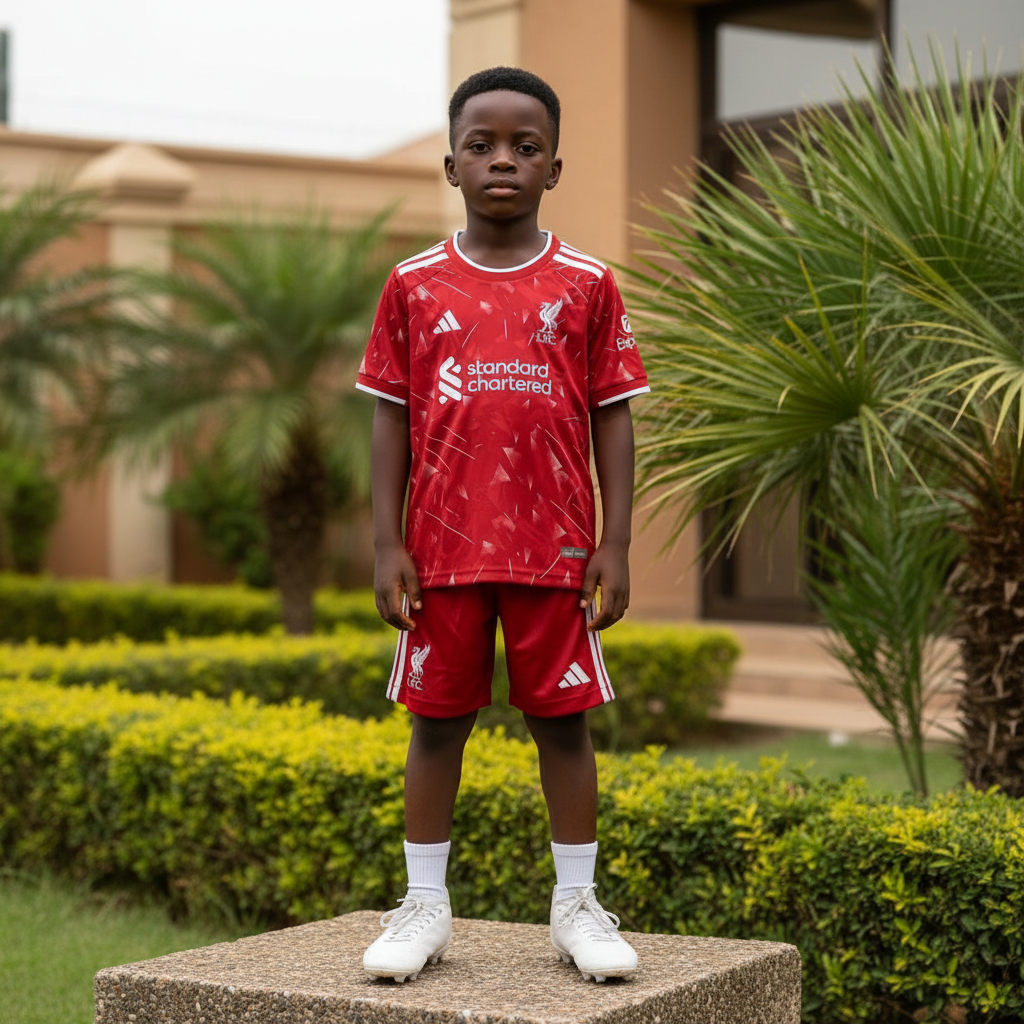 Nigerian child model wearing red crystal-print football jersey set with white football boots