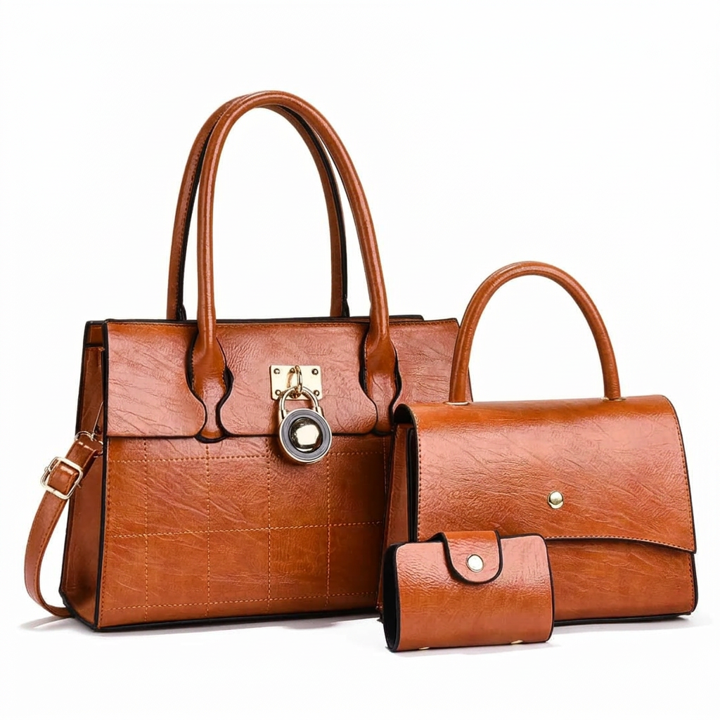 Brown three-piece set with two top-handle handbags and a snap wallet on a white background
