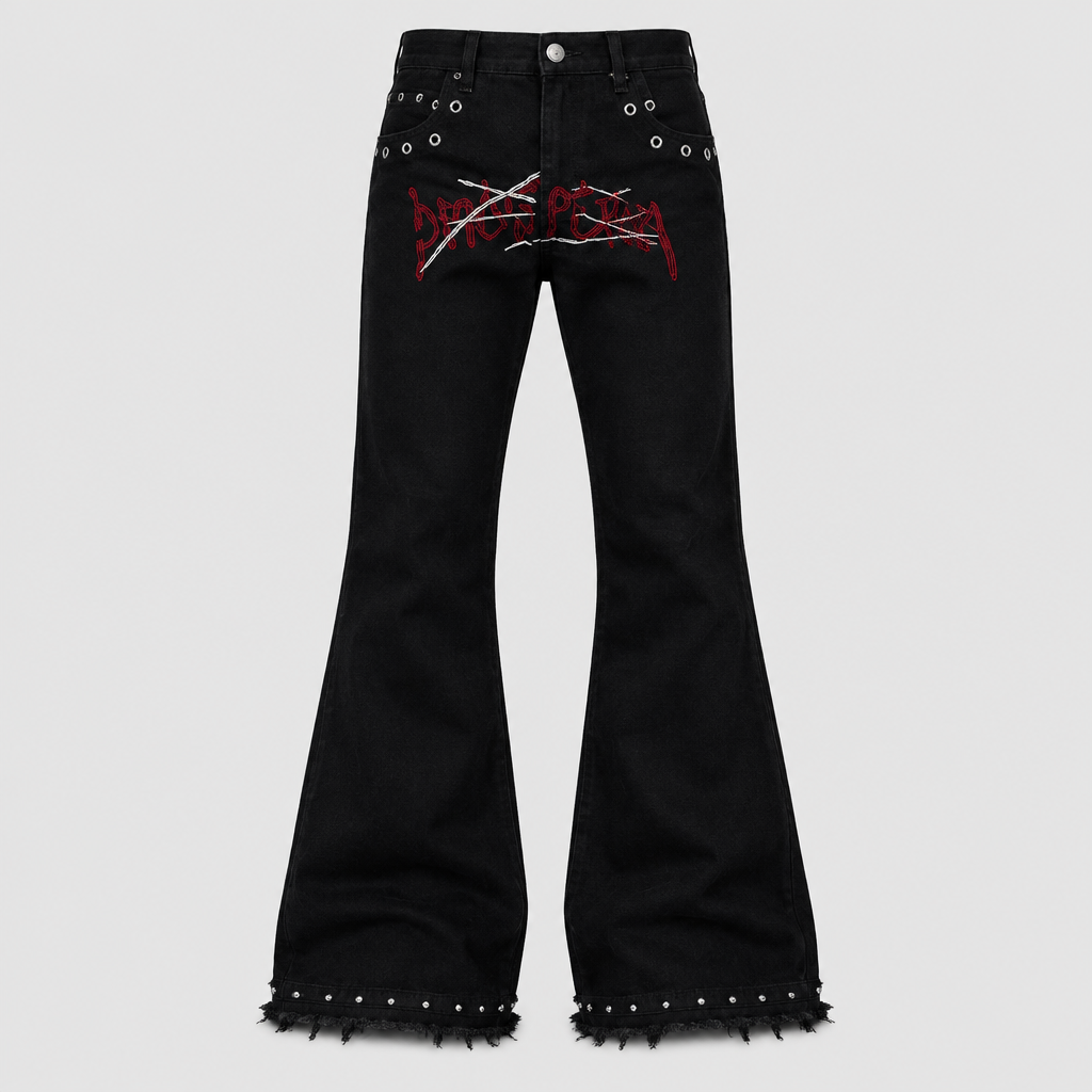 Men's black flare trousers with red and white stitched detail