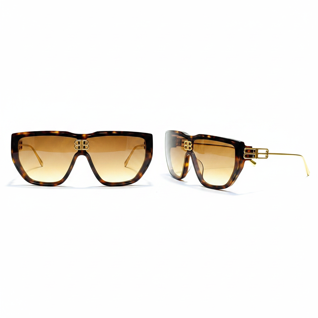 Unisex oversized shield visor sunglasses with tortoiseshell brow bar, gold logo hardware and gradient amber honey lens – front and side ghost mannequin view on white background