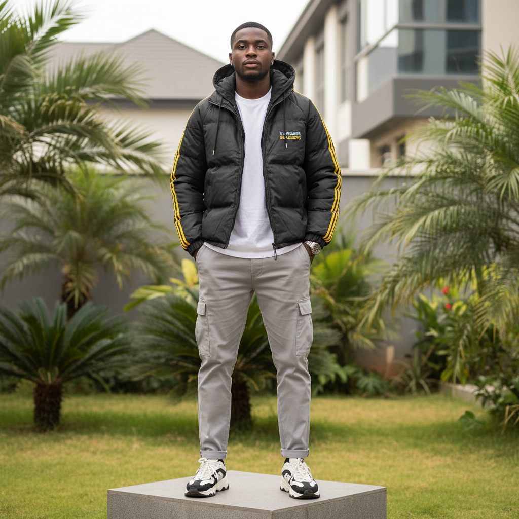 Men's Black & Yellow Stripe Padded Puffer Hooded Jacket – Nigerian Male Model Shot