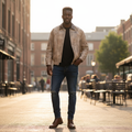 Nigerian model wearing Vintage Washed Distressed Leather Bomber Jacket
