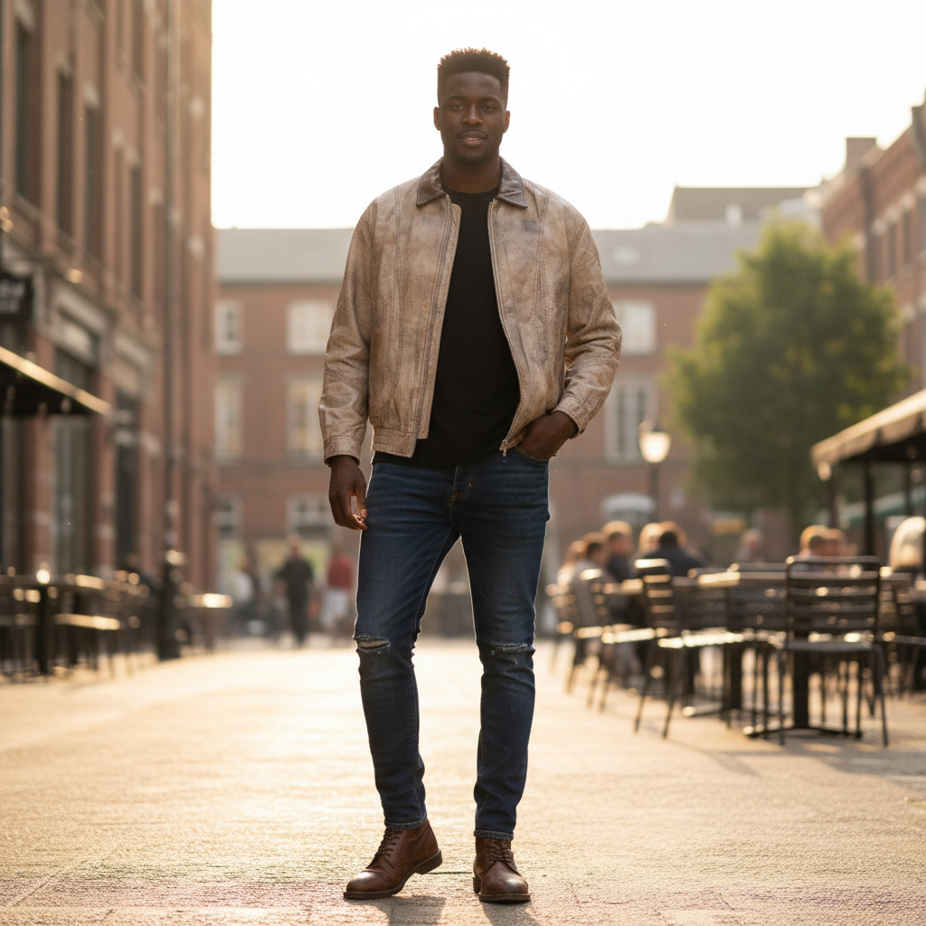Nigerian model wearing Vintage Washed Distressed Leather Bomber Jacket