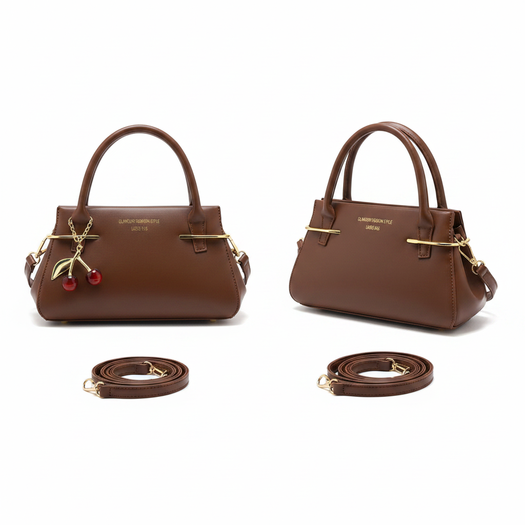 Brown leather mini handbag ghost mannequin front and side view with red cherry charm and crossbody strap