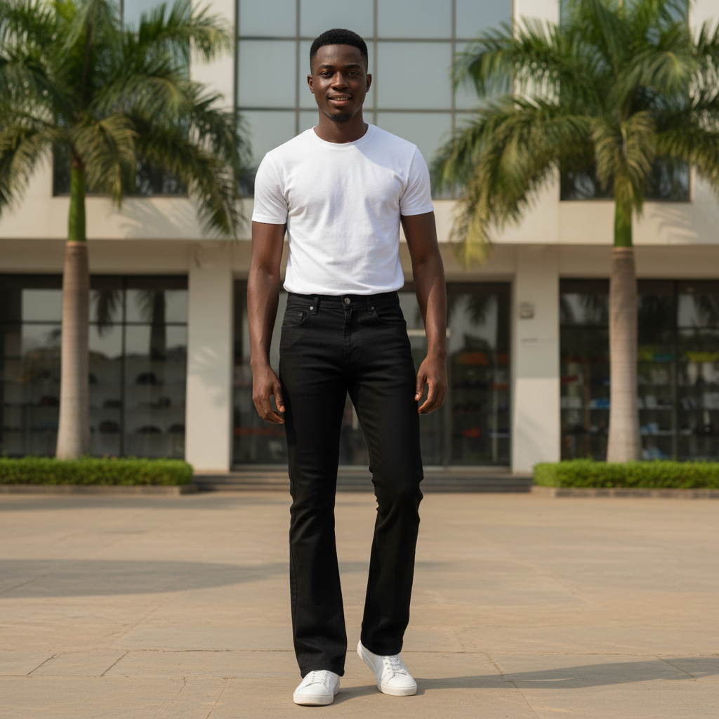 Model wearing plain black bootcut flared jeans
