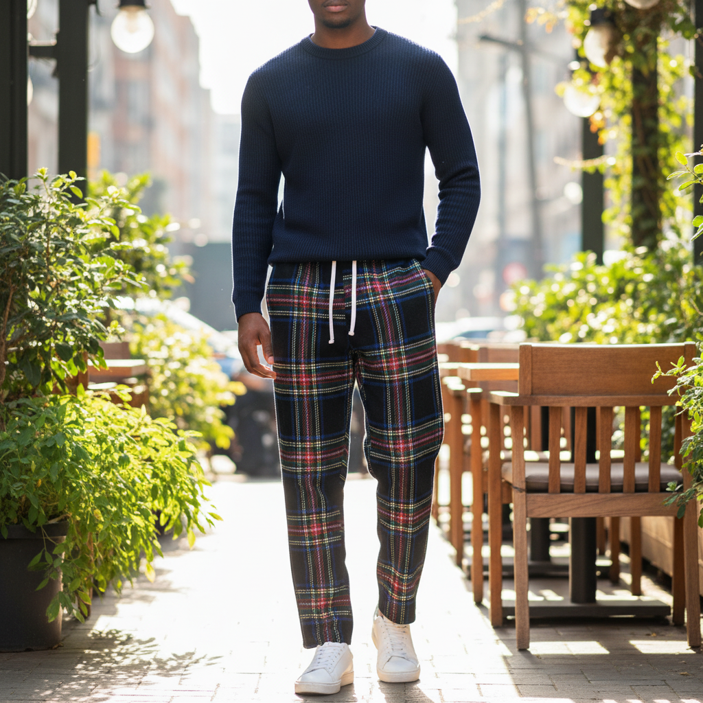 Nigerian model wearing Dark Navy Multi-Colour Tartan Plaid Straight-Leg Drawstring Trousers