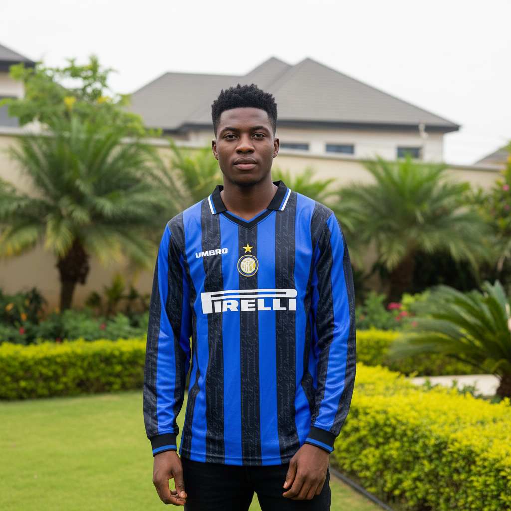 Royal blue and black textured stripe long-sleeve retro football jersey — Nigerian male model front view