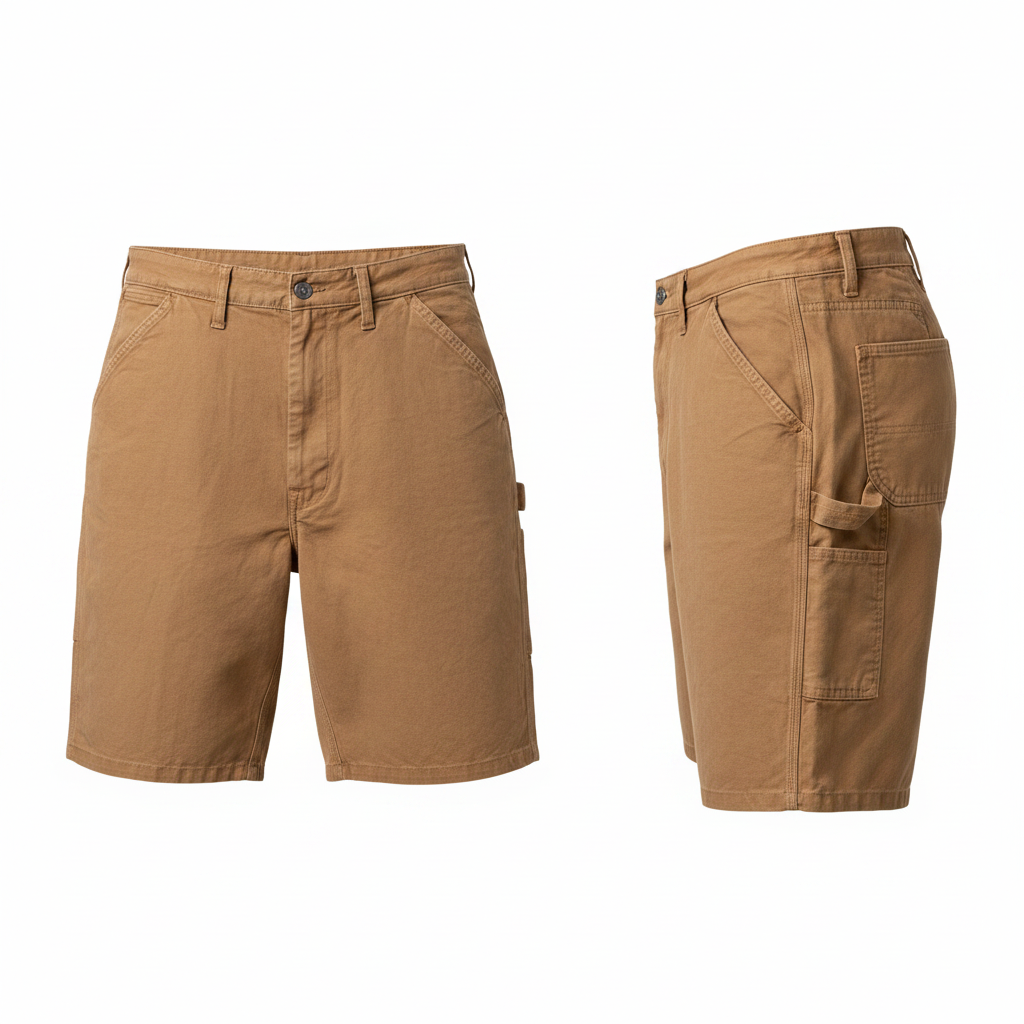 Tan washed canvas carpenter shorts ghost mannequin front and side view