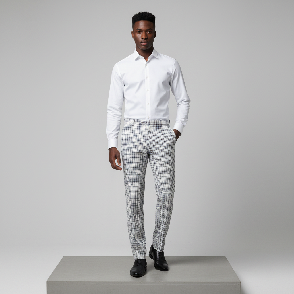 White Navy Houndstooth Trousers – Front Model