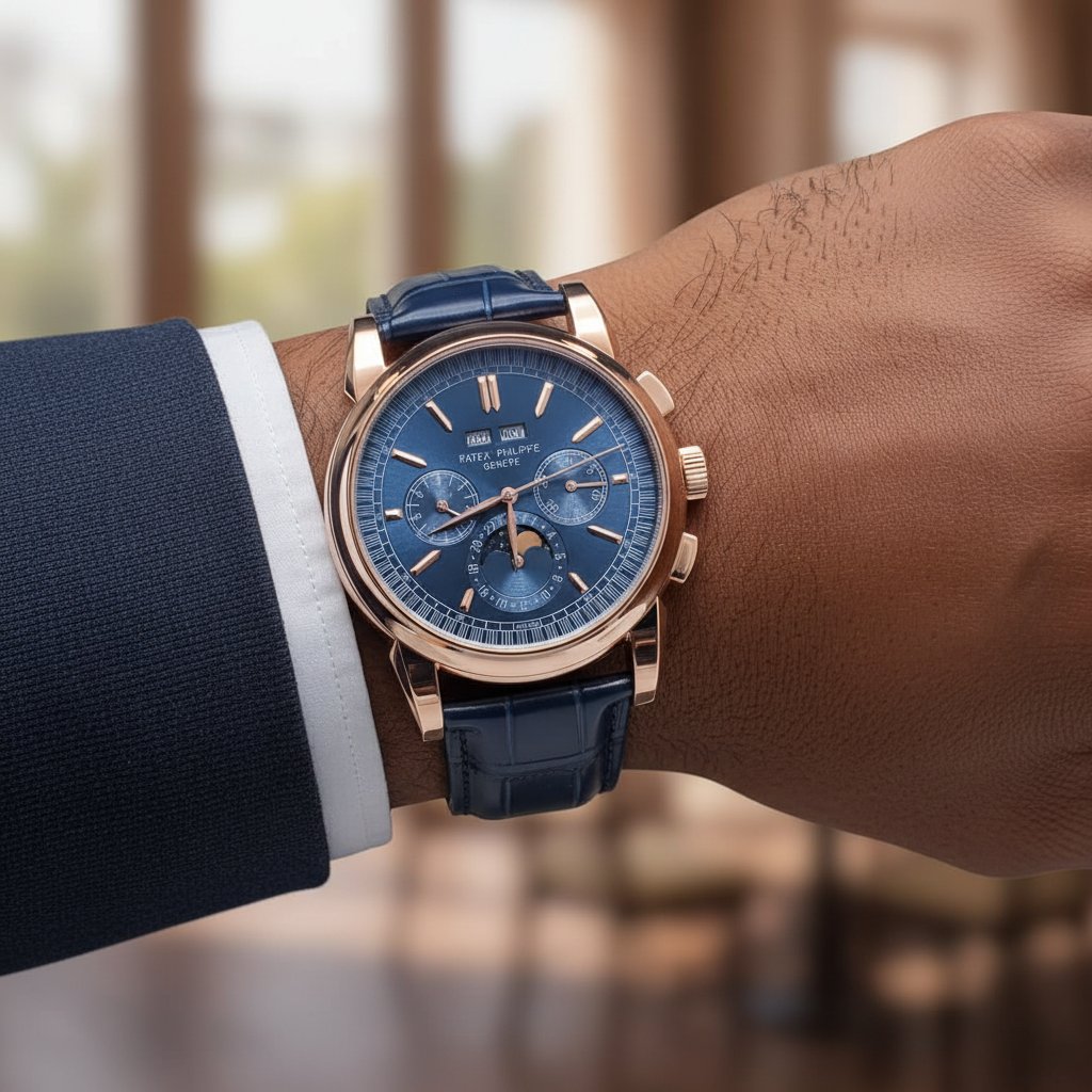 Men's rose gold chronograph navy blue dial moon phase watch worn on Nigerian male model wrist — blue leather strap lifestyle wrist shot