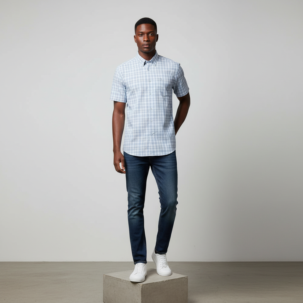 Nigerian male model wearing light blue plaid short-sleeved shirt