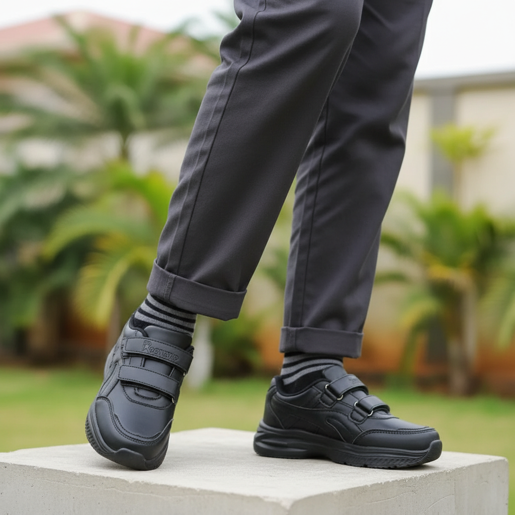 Nigerian female model wearing all-black double velcro chunky sneakers