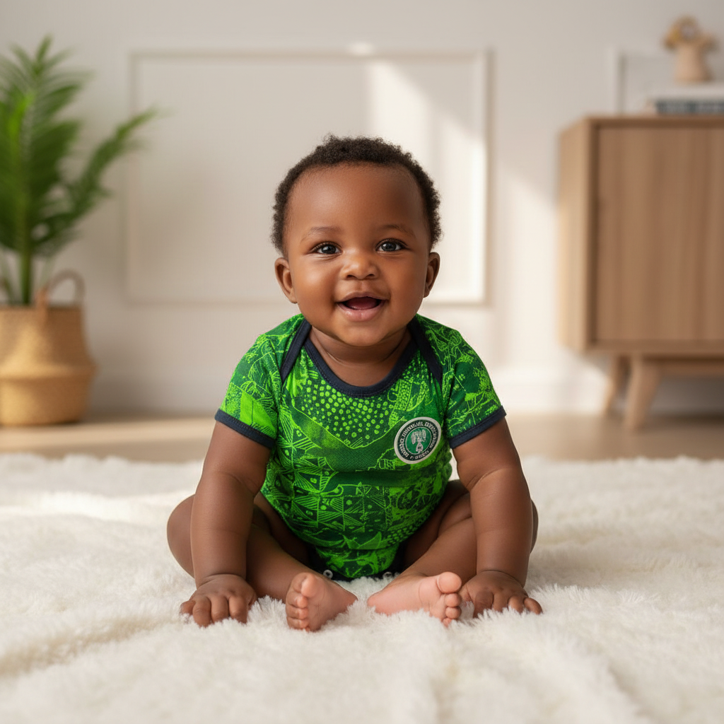 Nigerian baby wearing green African print football romper bodysuit lifestyle shot
