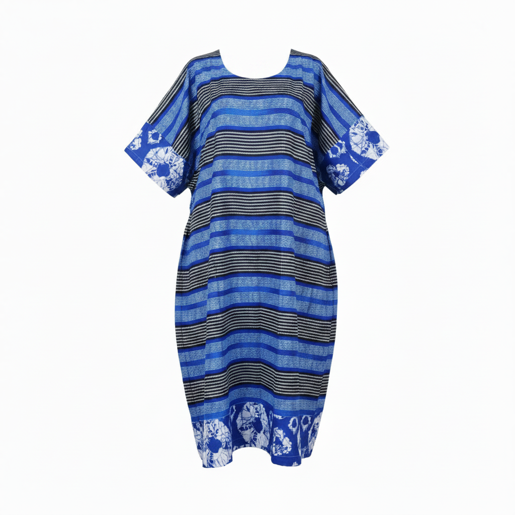 Ghost mannequin of royal blue and black striped bubu dress with adire tie-dye sleeve and hem panels