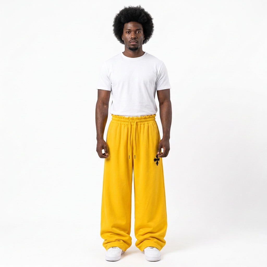 Full-body male model wearing yellow wide-leg trousers with a matching yellow waistband