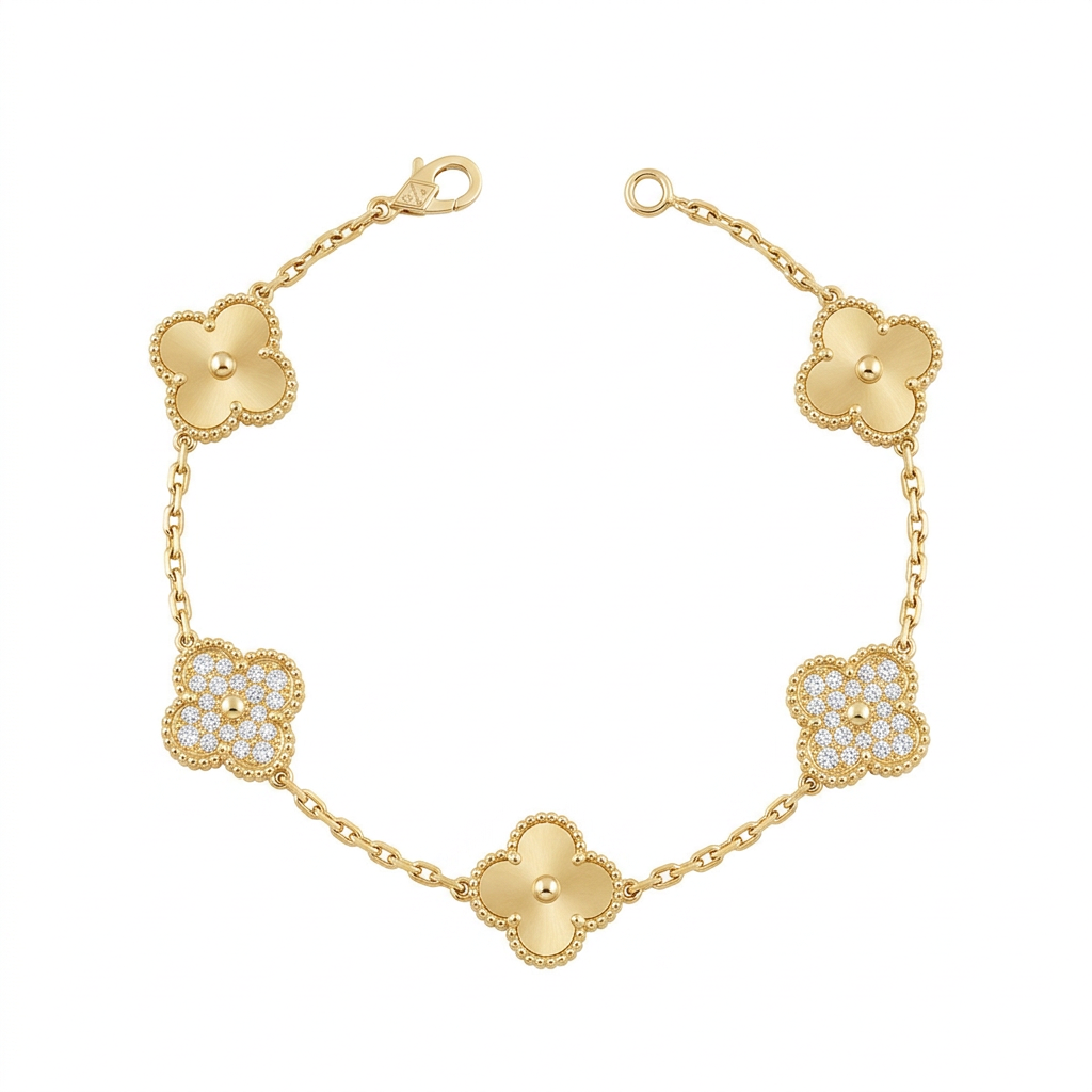 Gold-tone clover bracelet with alternating polished and stone-set charms