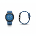Blue minimalist wristwatch shown from the front and side