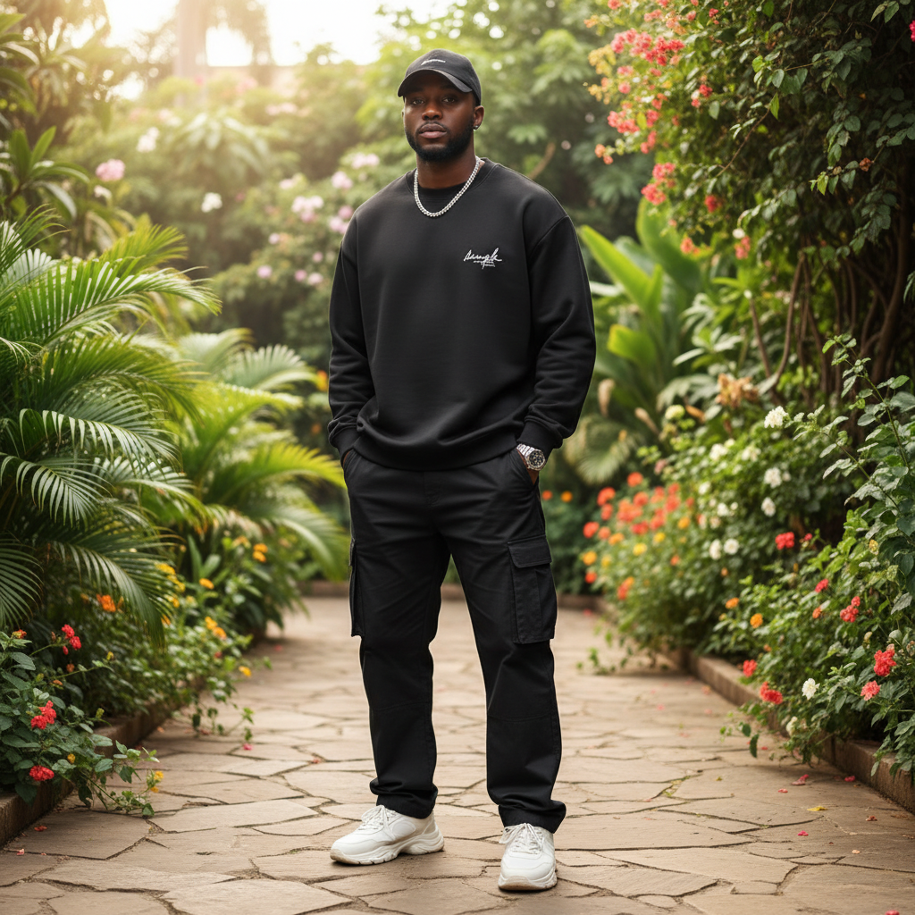Nigerian male model wearing black sweatshirt with cursive script chest graphic – front view