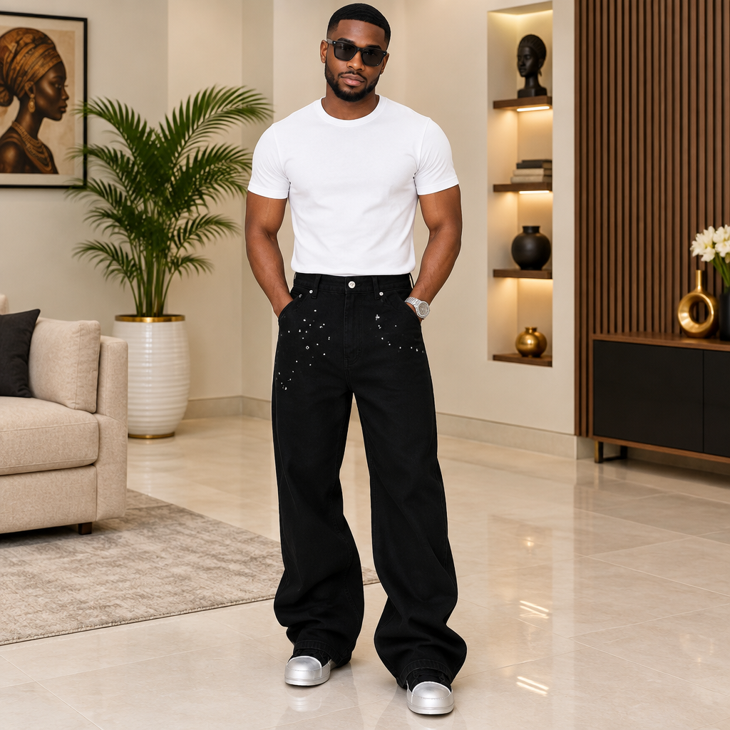 Man wearing black wide-leg trousers with silver stud details